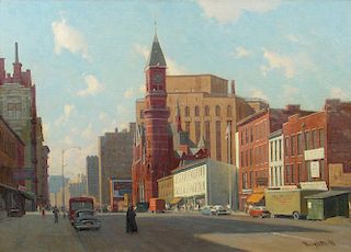 Walter Brightwell, Looking Down 6th Avenue Toward the Jefferson Market Building Oil Painting