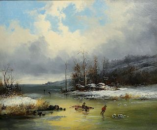 Cornelius D. Krieghoff, Winter River Scene Oil Painting