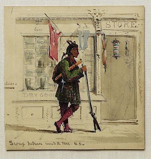 19th Century Watercolor Sketch of a Sioux Indian