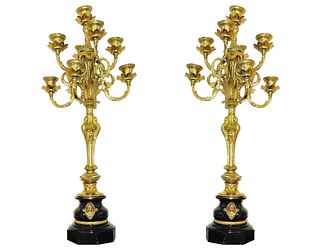 A Pair of Large 19th C French Bronze/Marble Candelabras