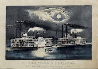 Currier & Ives Great Mississippi Steamboat Race Lithograph