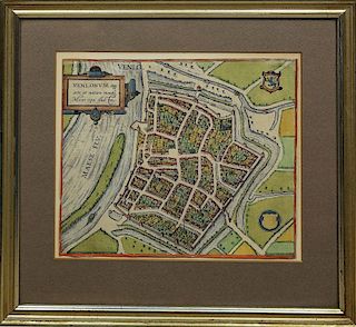 Three Antique Colored City Views, Deventer, Venlo and Maison de Ville, Lyon