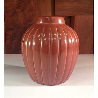 Alvin Baca (Santa Clara, 20th century) Carved Redware Melon Pottery Bowl