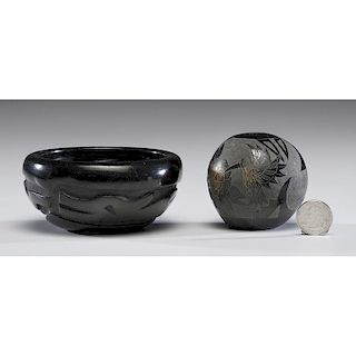 Melvin and Crystal Moquino (Santa Clara, 20th century) Black and Sienna Pottery Seed Jar PLUS