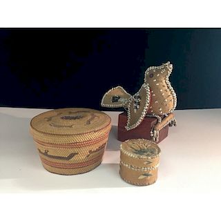 Iroquois Beaded Whimsey, Quilled Birchbark Basket, and a Makah Basket