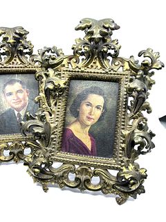 Pair of Antique  Bronze frames with paintings on board
