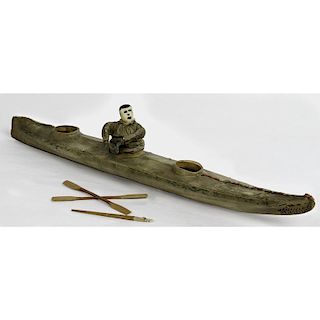 Eskimo Model Sealskin Kayak with Figure