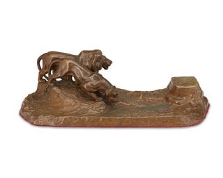 A Friedrich Gornick bronze lion inkwell