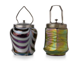 Two Loetz-style art glass biscuit barrels