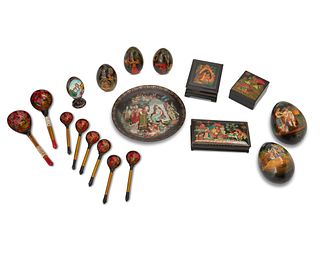 A collection of Palekh Russian lacquerware
