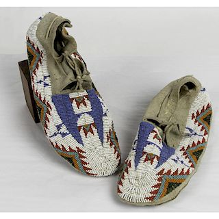 Cheyenne River Sioux Beaded Hide Moccasins Made by Sophie High Elk Garter (ca 1917-1994)