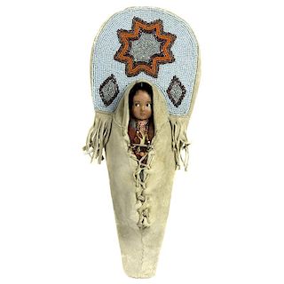 Colville Beaded Hide Doll Cradle with Doll