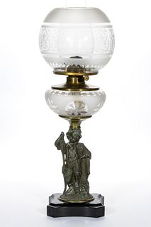 BRADLEY & HUBBARD NO. 1168B / YOUNG MAN WITH GUN FIGURAL STEM KEROSENE STAND LAMP