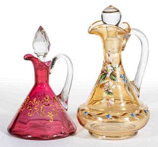 VICTORIAN ENAMEL-DECORATED GLASS CRUETS, LOT OF TWO