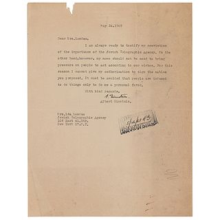 Albert Einstein Typed Letter Signed on Jewish Telegraphic Agency