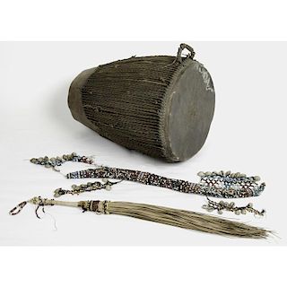 African Hide Drum, Fly Whisk, and Beaded Knife Sheath with Knife Deaccessioned from a Private New York State Historical Socie