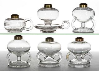 ASSORTED PRESSED GLASS KEROSENE FINGER LAMPS, LOT OF SIX