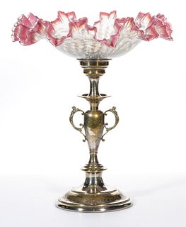 VICTORIAN FRIT DECORATED GLASS TAZZA / PEDESTALLED COMPOTE