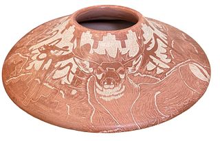 PAUL NARANJO Santa Clara Redware Sgraffito Pottery Vessel 