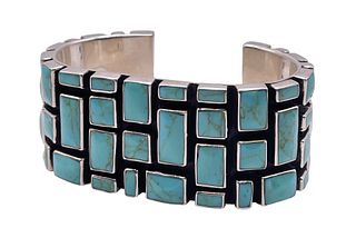 Sterling Silver & Turquoise Cobblestone Inlay Cuff Bracelet 