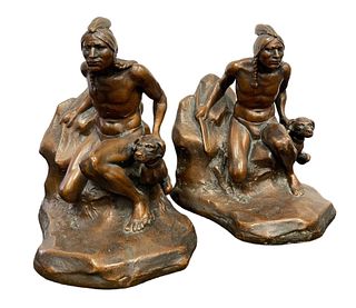 Signed C. VEITH "Awaiting The Prey" Native American Sculptural Bookends 