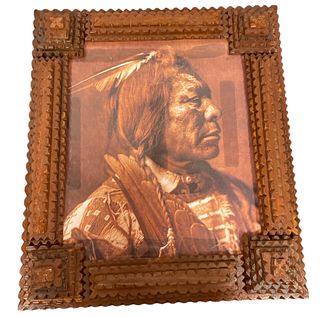 Signed POPS CASEY Folk Art Picture Frame W/ Native American Portrait 