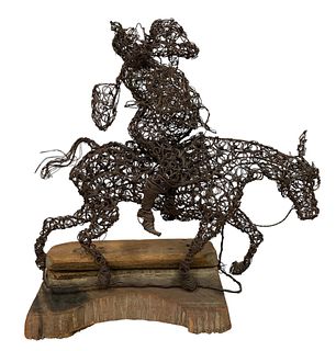 Brutalist Twisted Wire Sculpture of Man on Donkey 
