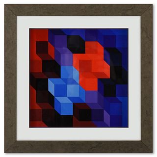 Victor Vasarely (1908-1997), "Deuton - RB de la sÃ©rie Hommage A L'Hexagone" Framed 1971 Heliogravure Print with Letter of Authenticity