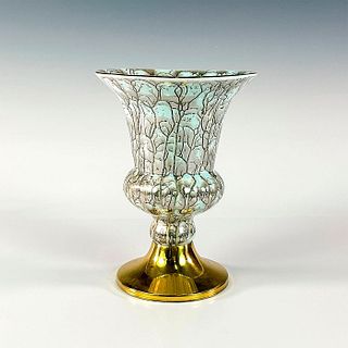 Vintage Old Dutch Delft Aqua Blue Marbled Brass Base Vase
