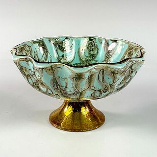 Vintage Delft Scallop Edge Pedestal Bowl With Brass Footing