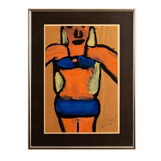 Expressionist Semi-Nude Woman, Gouache on Paper, Signed
