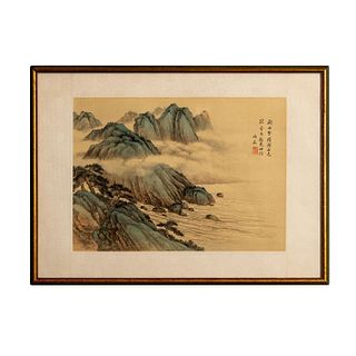 Antique Chinese Landscape Print on Silk, Signed