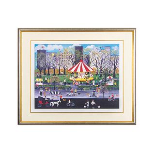J. Wasilewski (American) Signed Lithograph Pugs in the Park