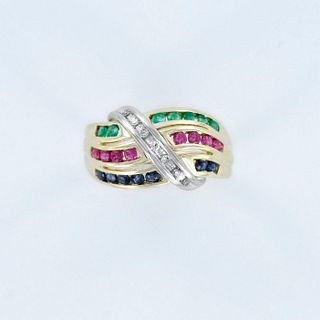 Two Tone Gold, Diamond, Ruby, Sapphire, and Emerald Ring
