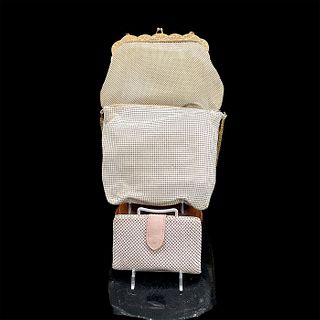3pc Whiting and Davis Cream Metal Mesh Handbags and Wallet