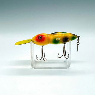 Early Wooden Lizard Bomber Lure, Yellow Green Red Spots