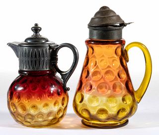 ASSORTED AMBERINA SPOT-OPTIC GLASS SYRUP PITCHERS, LOT OF TWO