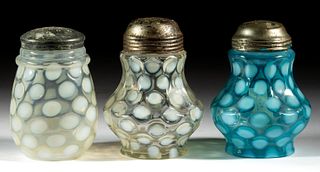 ASSORTED COINSPOT OPALESCENT GLASS SUGAR SHAKERS, LOT OF THREE