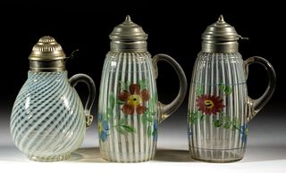 ASSORTED OPALESCENT STRIPE GLASS SYRUP PITCHERS, LOT OF THREE