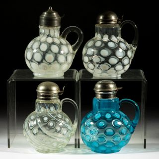 ASSORTED COINSPOT OPALESCENT GLASS SYRUP PITCHERS, LOT OF FOUR
