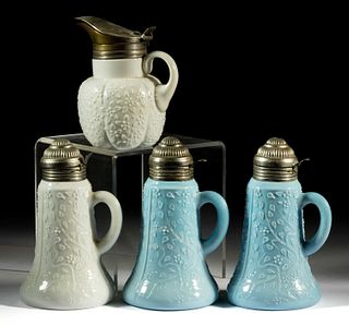 CHALLINOR OPAQUE GLASS SYRUP PITCHERS, LOT OF FOUR