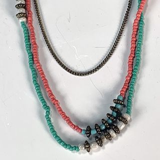THREE STRAND PINK AND TURQUOISE BEAD AND CHAIN NECKLACE