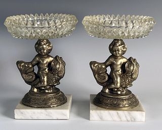TWO CHERUB RIDING FISH COMPOTE CANDY DISHES