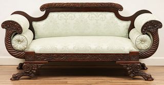 Empire Style Mahogany Claw Footed Upholstered Sofa