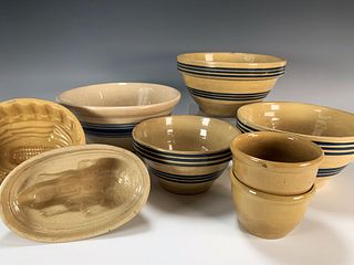 EARLY AMERICAN YELLOWARE MOLDS, MIXING BOWLS, CUSTARD CUPS
