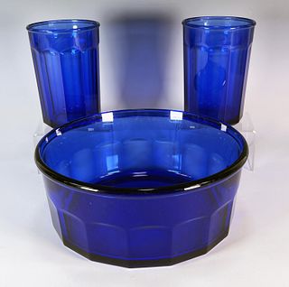ARCOROC FRANCE COBALT BLUE GLASS SERVING BOWL & TWO TUMBLERS