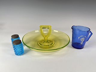 VASELINE URANIUM GLASS SERVING PLATE, SHIRLEY TEMPLE CREAMER, AND PAIR HOBNAIL S&P