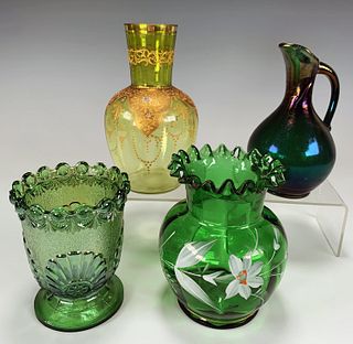 4 VINTAGE HAND BLOWN AND PRESSED GLASS VASES DECANTER