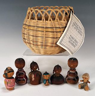 JAPANESE KOKESHI & GOURD DOLLS WITH DOUBLE WEAVE CHEROKEE BASKET BY JOHNSON 