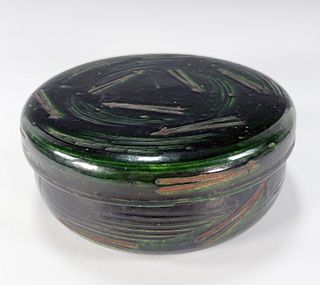 JAPANESE GREEN ROUND POTTERY BOX SIGNED 